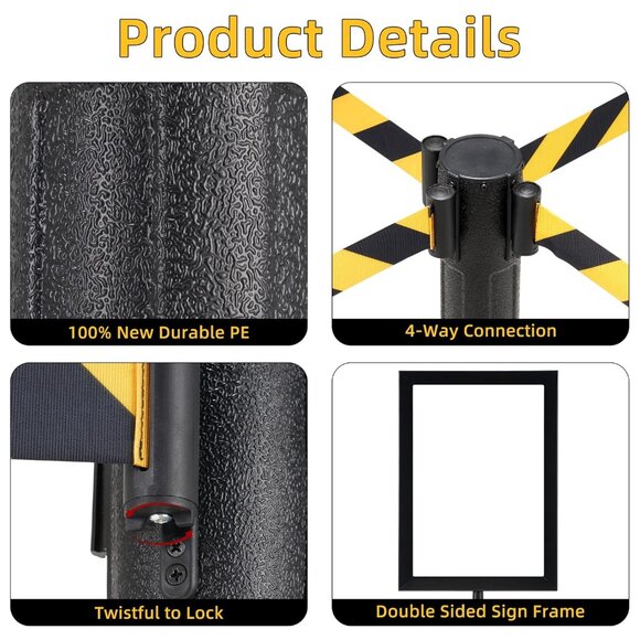 Set of 2 Stanchions with 6.6 FT Retractable Belts, Black Stanchion Post for Crow - Picture 5 of 8